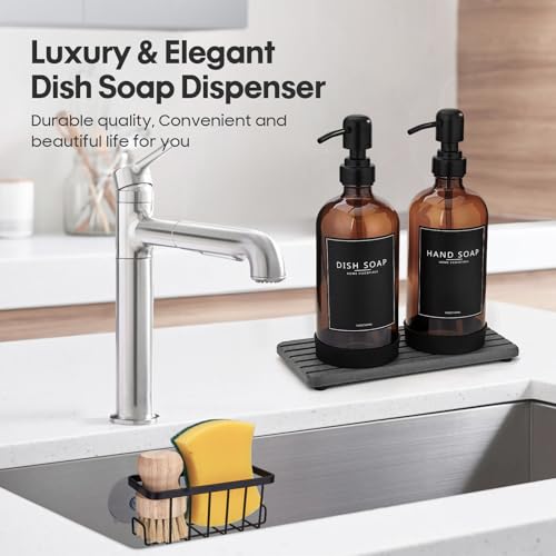 Kitchen Soap Dispenser Set with Instant Dry Tray & Sponge Holder,16 Oz Hand and Dish Soap Amber Glass Dispenser Set,Stainless Steel Pump,Waterproof Labels,Luxury Soap Bottle for Bathroom - color: Amber Bottle+black Pump