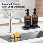 Kitchen Soap Dispenser Set with Instant Dry Tray & Sponge Holder,16 Oz Hand and Dish Soap Amber Glass Dispenser Set,Stainless Steel Pump,Waterproof Labels,Luxury Soap Bottle for Bathroom - color: Amber Bottle+black Pump