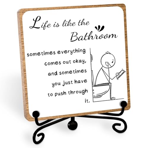 Funny Bathroom Decor, Bathroom Wooden Sign with Stand Decor, Farmhouse Home Toilet Desk Shelf Accessories, Rustic Table Decorations Supplies - style: bathroom sign 02