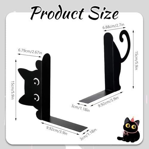 Peeping Cat Black Metal Bookends，Book Ends for Shelves Decorative，Cute Book Stopper for Office Home Desk Bookshelf Decor，cat Decor for cat Lovers