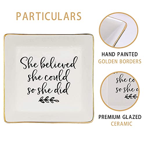 Jewelry Tray Ceramic Trinket Dish Ring Funny Birthday Gifts for Women Unique New Job Spiritual Congratulations Gift Best Friend Mom Friendship Office Decor,She Believed She Could So She Did - color: Believed
