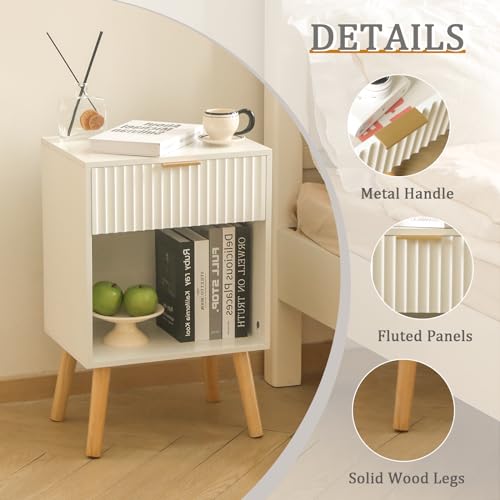 Fultyle White Nightstand with Charging Station, Mid Century Modern Bedside Table with Drawers and Outlet,Side Tables Living Room, Wooden Night Stand for Bedroom, Office (White) - color: White With Charging Station