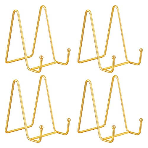 Decolore 4 Pack 4 Inch Display Stands Gold Plate Stands Metal Frame Holder Stand for Picture, Decorative Plate, Photo Easel, Artistic Work Display Stand, Picture Frames