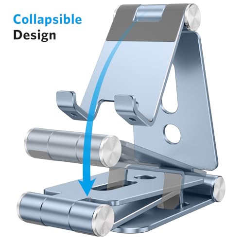 OMOTON Foldable Cell Phone Stand, C4 Portable Aluminum Phone Holder, Adjustable Phone Dock Cradle Compatible with iPhone 17/16/15 Pro Max Air, Samsung Galaxy, Small Tablets, Smart Phones, Light Blue - color: Light Blue