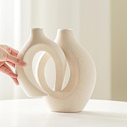 Lvases Snuggle Hollow Ceramic Vase Set of 2, Nordic Modern Boho ins Style Decorative Ceramic Aesthetic Flower Vase for Home Decor (Milky White W 6.3" X H 8.4") - color: Large Cream White