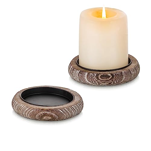 Romadedi Wood Candle Holder Farmhouse Decor - Pillar Candle Holders for Table Centerpiece Small Tray Riser Set of 2 Round Wooden Plate Pedestal Stand for Coffee Table Home Living Room, Whitewash - color: Whitewash