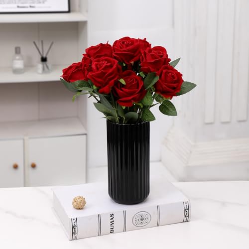 Black Ceramic Vase for Flowers, Modern Black Vase for Home Decor, Tall Ribbed Vase for Living Room, Office, Mantel, Bookshelf, Dining Table, 8 inches - color: Black, size: Tall Cylinder