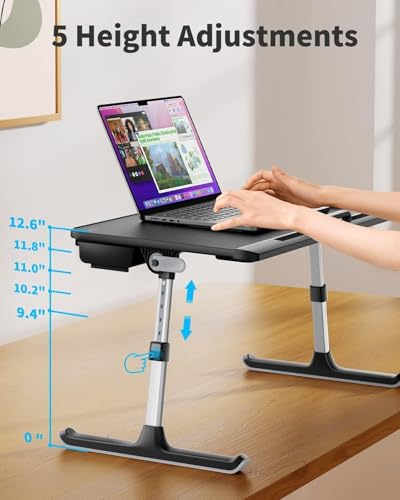 SAIJI Laptop Bed Tray Table - 23.6" x 13" Adjustable Portable Standing Desk with Storage Drawer, Foldable Lap Desk Fits 17" Laptop, PVC Leather for Couch Sofa (Dark Black) - color: Black