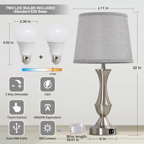 Touch Table Lamps Set of 2, 22" Tall Bedside Lamps, Nightstand Lamps with USB C+A Charging Ports, Dimmable Lamp for Bedrooms, Living Room, Office, Silver Lamp with Grey Lampshade, Bulbs Included - color: Silver,Grey, size: 22in