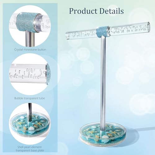 FONMY Jewelry Organizer Countertop Acrylic w/Nature Seashell Handmade,Seascape Standing Jewelry Holder W/Blue crystal for Bedroom Bathroom w/Weighted Base,Unique Gifts