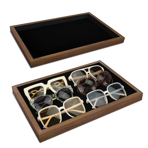 MOOCA 2 Pcs Wooden Jewelry Display Tray, Presentation Tray, Organizer for Rings, Necklaces, Earrings, and Accessories, Walnut Color with Black Suede, 14" W x 9.6" D x 1.2" H - color: 1 Compartment, Walnut/Black