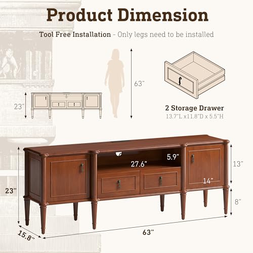 STO'SENSE 63" Pre-Assembled Tv Stand w/Power Outlet, Solid Wood Grain TV Consoles w/2 Cabinets & 2 Drawers, Mid Century Modern Entertainment Center for Living Room, Fits TVs up to 75", Vintage Walnut - color: Vintage Walnut