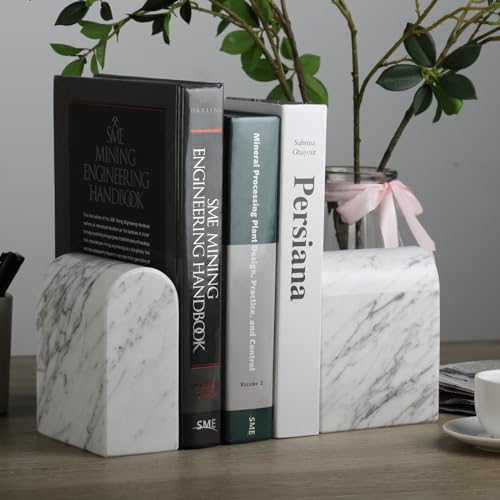Koville Natural Italian Marble Bookends for Shelves, Book Ends for Heavy Books, 13LBS Ultra Heavy Duty Book Holders, Triumphal Arch Bookends Office Bookshelf Decor for CDs/Video Games(Bianco Carrara) - color: White Marble-bianco Carrara, size: 13lb