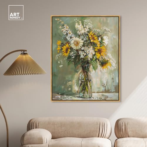 Art Remedy Sunflowers In A Glass Vase Canvas Vintage Farmhouse Wall Art, Gold Frame, 36" x 45" - color: Gold Frame, size: 46"L x 37"W