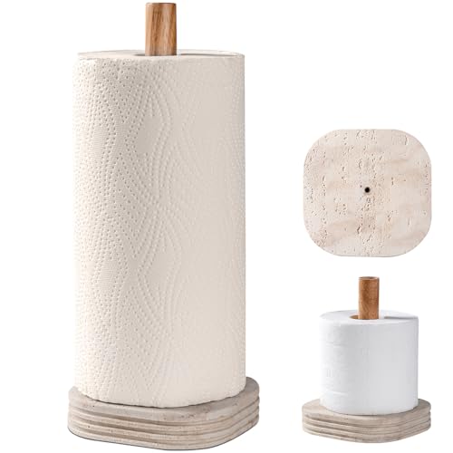 Natural Travertine Textures Standing Paper Towel Holder for Kitchen Countertop, Bathroom Toliet Paper Roll Holder with Weighted Base and Sturdy Wood Stand,for Standard or Plus Rolls, Height-Adjustable - color: Yellow Stone
