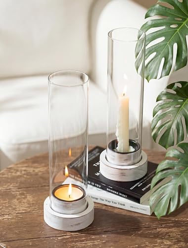 NUPTIO Dripless Candlestick Holders with Wax Catchers for Easy Cleaning: Set of 2 Hurricane Glass Candle Holders with Metal Bobeches - White Wood Farmhouse Home Decor for Wedding Table Centerpiece - color: Rustic White