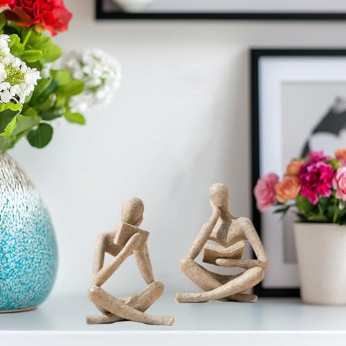 Reading Thinker Statue, Sculptures Abstract Art Ornament, Modern Aesthetic Figurine Decoration Set of 2 Status for Home Living Room Bedroom Office Shelf Table Desk Bookshelf Decor (Sandstone) - color: Sandstone