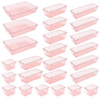 25 Pack Desk Drawer Organizer Set,Vanity and Desk Drawer Storage Bins,Clear Plastic Drawer Organizer Trays for Makeup,Office,Bathroom and Kitchen(pink)