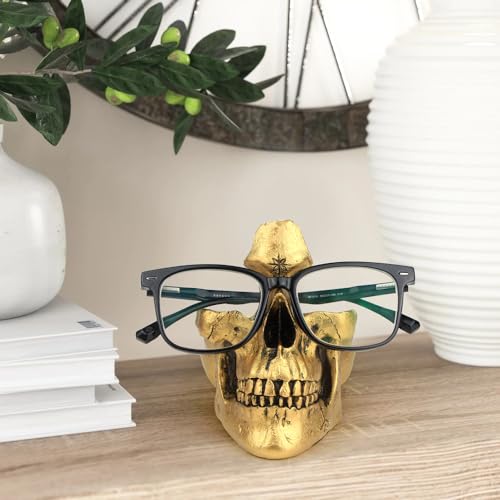 Mrlikale Skull Glasses Stand Holder, Creative Eyeglasses Holder, Sunglasses Spectacle Display Rack, Key Holder Resin Sculptures for Entryway, Home, Office, Desk, Nightstand (Gold) - color: Gold