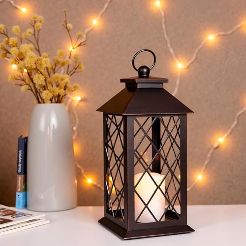 HOSY 13" Metal Vintage Lantern with Pillar Flameless Candles, Battery Operated Decorative Hanging Retro Iron Lantern with LED Plastic Candle (Bronze) - color: Bronze