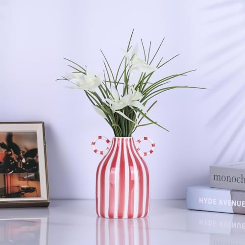 Red and White Ceramic Vase with Handle, Nordic Boho Small Vases Side Table Flower Centerpiece, Wide Mouth Single Flower Vase Pampas Grass Decorative - for Home Window Sill Living Dining Room Kitchen - color: Red and White