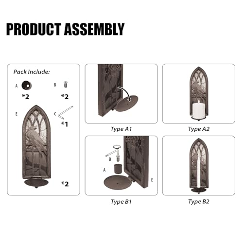 Gothic Wall Candle Sconces Set of 2, Wrought Iron Crow Wall Mounted Candelabra Holder with Removable Trays for Taper & Pillar Candles, Medieval Cathedral Window Design, Dark Academia Decor - color: Crow