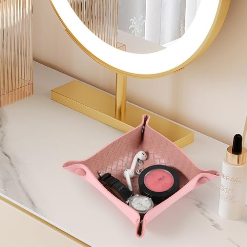 KINIVA 2 Pack PU Leather Jewelry Valet Tray for Men Women,Small Key Bowl for Entryway Table,Portable Travel Catchall Dice Tray (Square-Pink-2pcs) - style: Square-Pink-2pcs