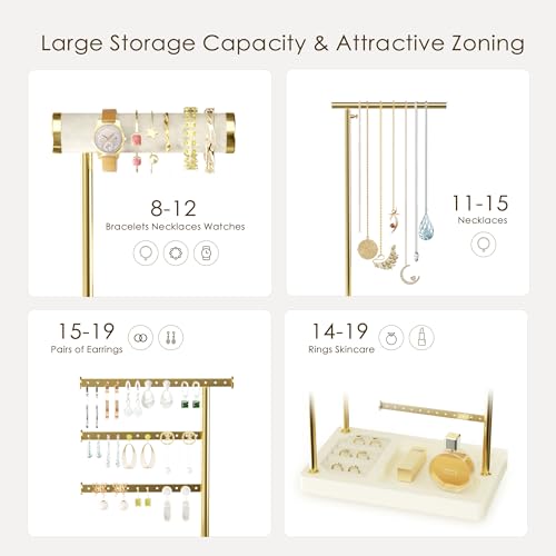 SZQINJI 5 Tier Jewelry Holder Organizer, Gold Jewelry Stand with Velvet Bracelet Holder, Adjustable Height Jewelry Display for Necklaces, Bracelets, Earrings, Rings, Gift Idea for Women, Beige - color: Beige