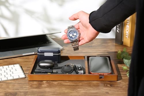 Shinpuru Wooden Valet Tray for Men, Nightstand Organizer with Leather Inlay, EDC Essentials Catchall Tray for Keys, Phone, Wallet, Watch, Earbuds - Bedside Desk Entryway Tray (Wood-Phone) - color: Brown-Ph