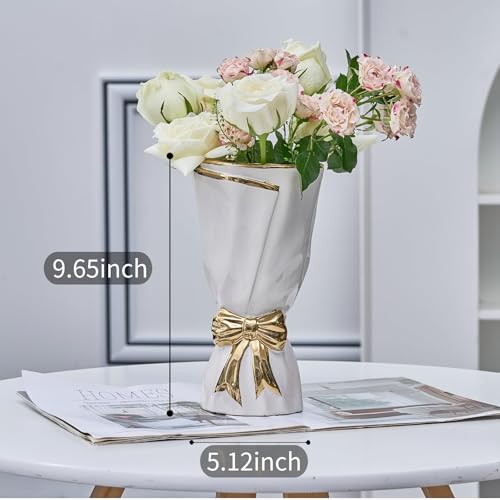 White and Gold Vase, Bow Vase for Home Decor, White Flower Vases for Boho Style, 9.65 Inch Large Vases for Ideal Table Decor, Ceramic Bouquet. （Glazed Exterior and Interior） (White, Large) - color: White and Gold