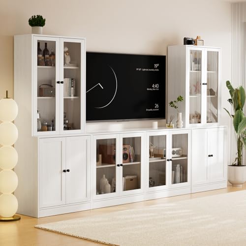 TUSY 71" TV Stand Storage Set - 2 Tall Bookcases & 2 Side Cabinets, Media Console with Glass & Wood Doors, Entertainment Center with Drawers, Tall Media Console for Living Room (White, ADDA) - color: White