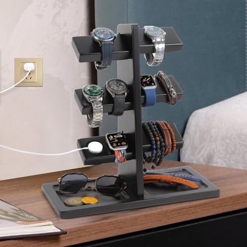 Watch Stand for Men, Watch Display Stand with Charger Groove, Wooden Watch Holder Stand, Jewelry Holder Organizer for Rings, Jewelry, Coins Bracelets, Great Gifts for Men Women, Black - color: Black