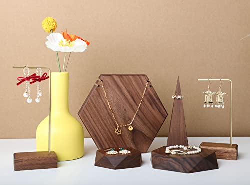 GemeShou 2pcs Wooden Jewelry display tray, Hexagon jewelry display riser, Jewelry retail shop photography props【Walnut Hexagon tray-2pcs】