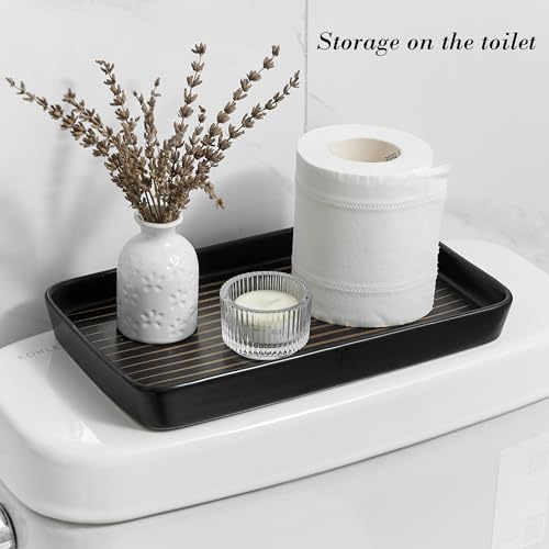 10"×6"×1" Black Bathroom Vanity Tray for Countertop- Ceramic Decorative Organizer Tray for Dresser Tops, Toilet, Perfume, Sponge Holder Soap Dish Dispenser for Kitchen Counter- Golden Stripes - color: Black Color With Golden Stripes-1 Pc