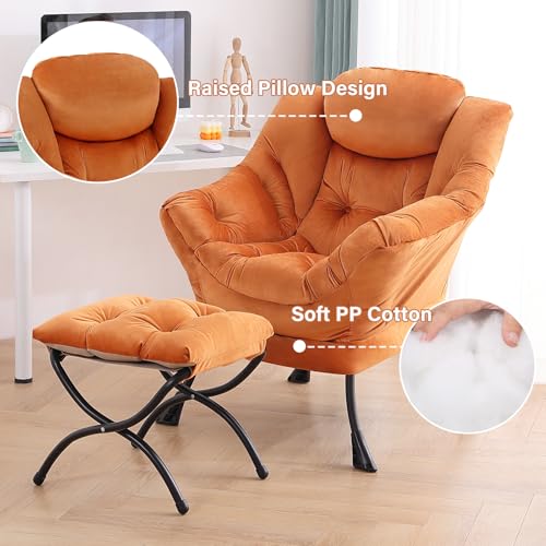 Tiita Lazy Chair with Ottoman, Orange Modern Large Accent Armchair, Comfy Leisure Sofa Reading Chair with Footrest for Bedroom, Living Room, Dorm Rooms, Garden, Velvet Orange - color: Orange