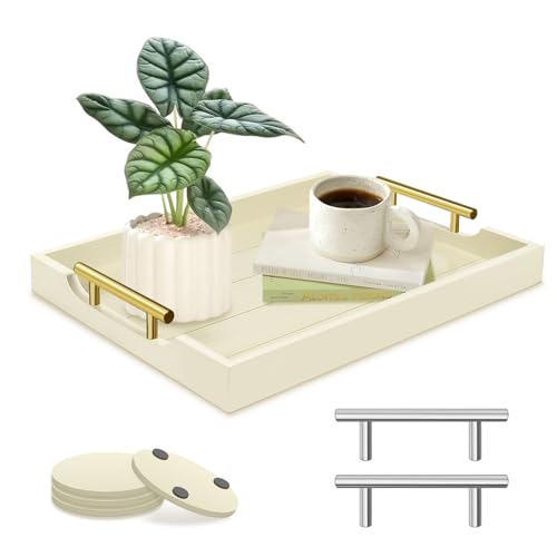 SXNOWS Ottoman Tray for Coffee Table & Couch, Large Wooden Serving Tray with 2 Set of Handles - Modern Farmhouse Rectangle Decorative Tray for Living Room Kitchen Includes 4 Coasters, Off-White/Cream - color: Off-white