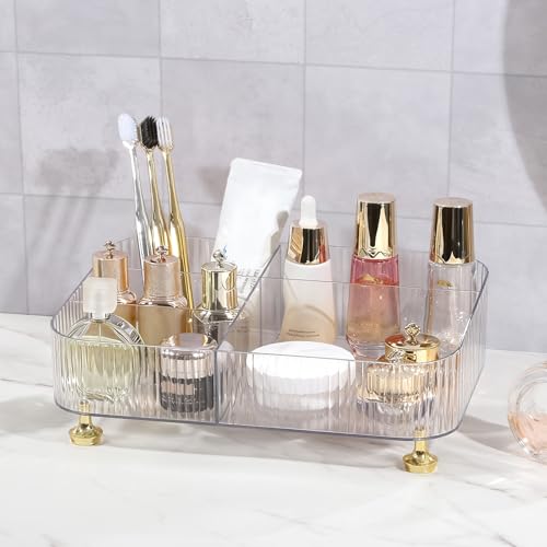 DASITON Makeup Organizer Countertop for Vanity, 5 Slots Makeup Brush Holder Organizer, Vintage Makeup Perfume Tray Cosmetic and Skincare Organizers for Bedroom Bathroom Counter, Desk Storage (Clear) - color: Clear