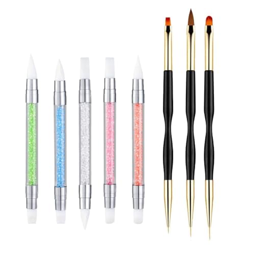 FULINJOY 5PCS Dual Tipped Nail Art Sculpture Pen with 3PCS Nail Painting Brushes, Silicone Nail Polish Brushes Carving Drawing Tool, Acrylic Rhinestone Handle, Nail Art Design Tools - size: 5 Sculpture Pens + 3 Painting Brushes