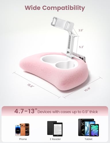 Lamicall Kindle Holder Tablet Pillow Stand - [360° Adjustable Arm][Soft & Washable] iPad Lap Holder, Kindle Accessories for Reading in Bed, iPad Stand with Bowl for 4.7-13" Tablet, E-Reader, iPhone - color: Pink