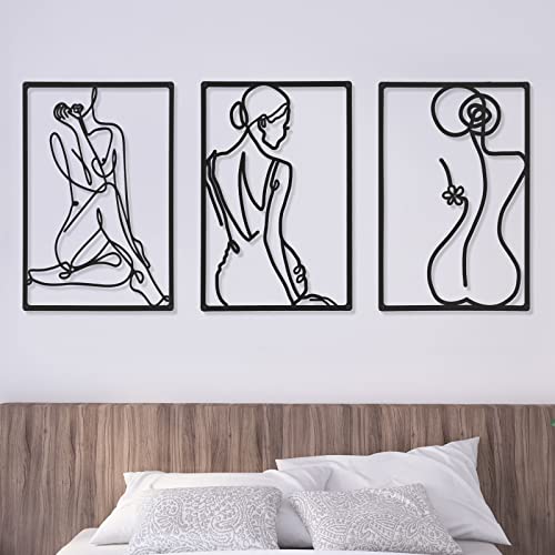 CHENGU 3 Pieces Metal Minimalist Abstract Woman Wall Art Line Drawing Wall Art Decor Single Line Female Home Hanging for Kitchen Bathroom Living Room - style: Elegant Style