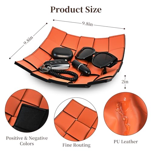 MSJGA Valet Tray PU Leather Key Holder Bowl for Women and Men Entryway Table Nightstand Desk Tray for Wallet, Keys Men's Gift - Orange & Black, 9.8" L x 9.8" W x 2" H - color: Orange + Black