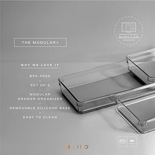 BINO | 3-Piece Drawer Organizer Bin Set - Grey, Large | THE MODULAR+ | Multi-Purpose Storage | Soft-Grip Lining and Non-Slip Rubber Feet | Durable | BPA-Free | Desk Drawer Organizer | Vanity Organizer - color: Light Grey, size: Large