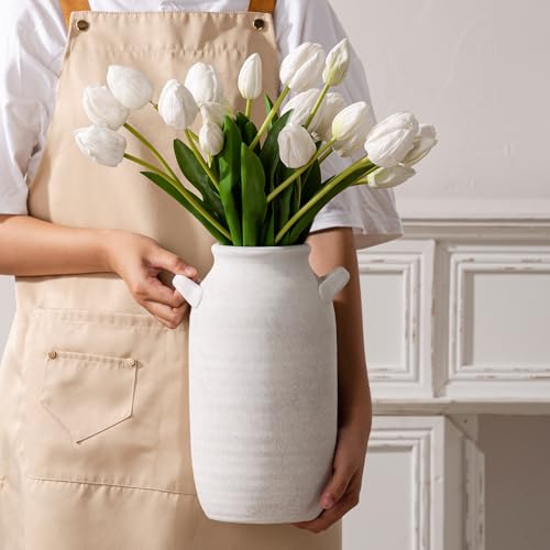Large Flower Vase Home Decor - Tall Ceramic Farmhouse Table Vases with Handle Living Room Decoration Decorative Rustic Pottery for Floor Kitchen Shelf Coffee Dining Desk Fireplace (12" Rustic) - color: 12" Rustic