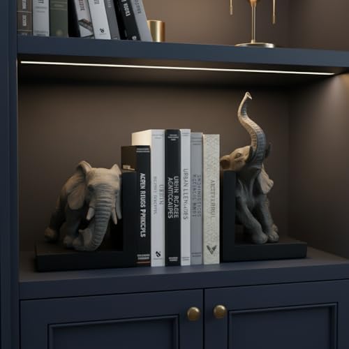 Comfy Hour 12" Gray and Black Elephant Figurine Style Bookends, Rustic Antique Vintage Elephant Statue Home Decor, Heavy Duty Animal Book Stoppers Duo, 1 Pair