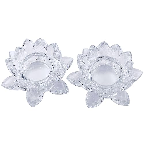 Crystal Lotus Flower Tealight Candle Holder Set of 2, Clear Glass Candlestick Holders, Pillar Votive Candle Holders for Table Centerpiece, Home Décor, Party, Wedding, Dinning