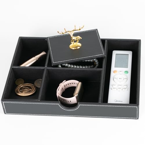 Jewelry Trays Nightstand Organizer, Valet Tray for Men and Women, Dressing Table Storage Box, Dark Brown Faux Leather, 5 Compartment - color: black