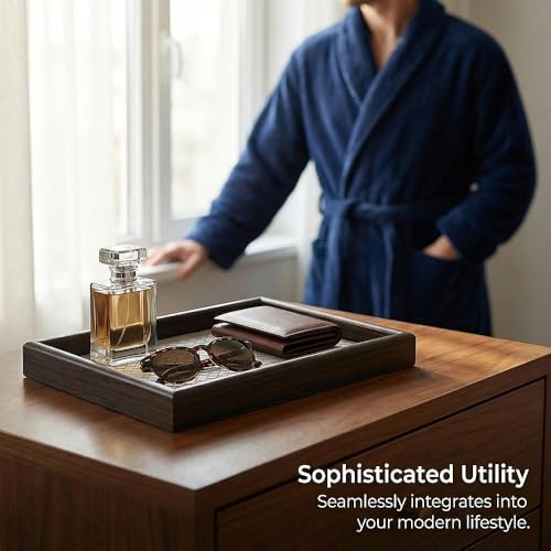 Zosenley Wooden Valet Tray with Leather Base - Nightstand Catchall Organizer for Cologne, Perfume, Keys, Wallet, Phone, Watch, Jewelry & Sunglasses (Llight Gray) - color: Llight Gray