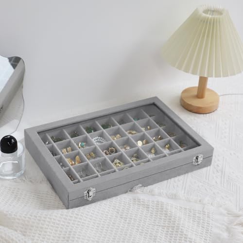 Stratalife Jewelry Organizer 40 Grid Jewelry Tray with Lid Dust-proof Velvet Earring Organizer Ring Holder Necklaces Earrings Storage Drawer Accessories Box for Women Gray - color: Gray, size: 40 Grid