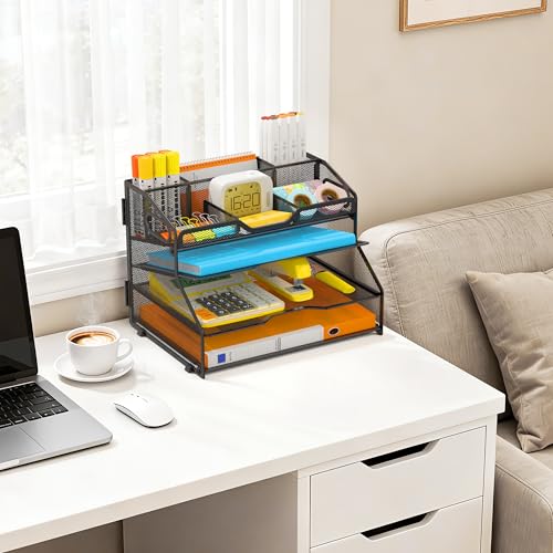 4 Tier Desk Orgnizers and Accessories, Metal Magazine File Holder with Pencil Holder and Handles, Space Saving Desktop Storage for School Office Supplies(Black) - color: Black-4