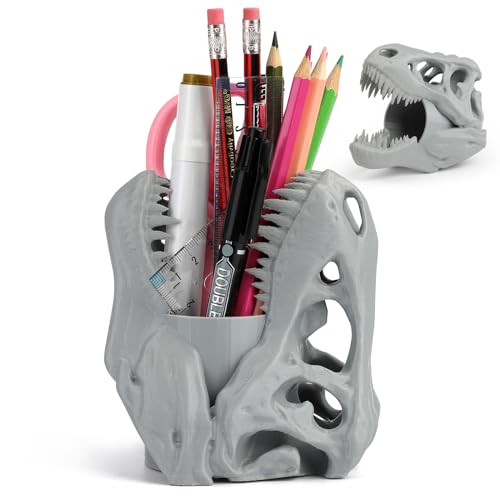 Cool Dinosaur Pen Holder, Dinosaur Skull Figurine Pencil Holder for Office Desk Decor, Funny Easter Gifts for Men and Boys, Grey T-Rex Desktop Organizer - color: Gray, size: Dinosaur Head